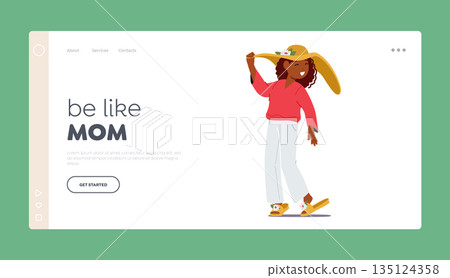 Be Like Mom Landing Page Template. Young Girl Wearing Oversized Pair Of Her Mother Slippers and Summer Straw Hat 135124358