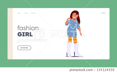 Fashion Girl, Childhood Landing Page Template. Little Girl Trying On Her Mother Boots on High Heels, Struggling To Walk 135124359