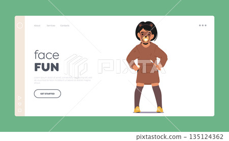 Face Fun Landing Page Template. Playful Child With A Painted Face Resembling a Bear Animal Character Vector Illustration Face Fun Landing Page Template. Playful Child With A Painted Face Resembling a Bear Animal Character Vector Illustration 135124362