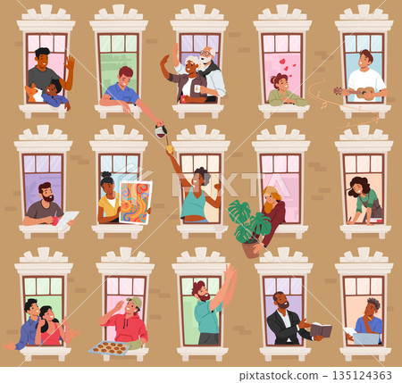 Neighbor Characters In Open Windows Share Stories, Laughter, And Occasional Glimpses Of Daily Life, Vector Illustration 135124363