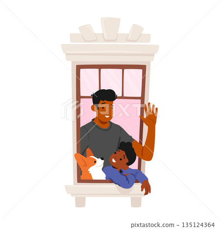 Heartwarming Scene, Father And Son Character, Their Faces Filled With Joy, Gazing Out A Window With Their Dog Heartwarming Scene, Father And Son Character, Their Faces Filled With Joy, Gazing Out A Window With Their Dog 135124364