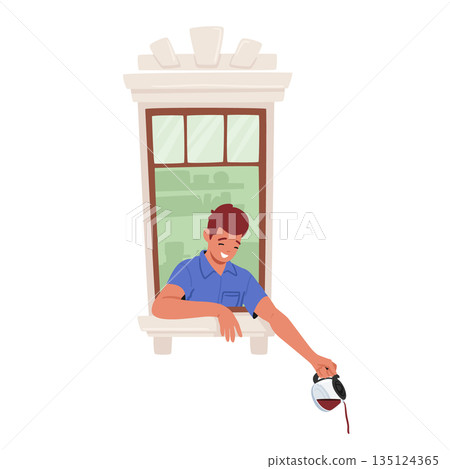 Smiling Male Character Pouring Fresh Brewed Coffee From Pot Out Of The Window. Concept Of Friendly Neighborhood 135124365