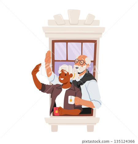 Senior Couple Characters, Bathed In Soft Sunlight, Enjoys A Peaceful Moment By An Open Window, Sipping Tea 135124366