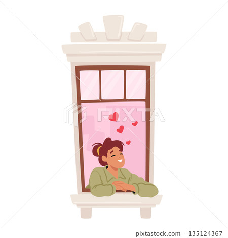 Young Woman Gazes Longingly Out Of Her Window, Her Eyes Filled With Dreams Of Love. Female Hopes For A Love Story 135124367