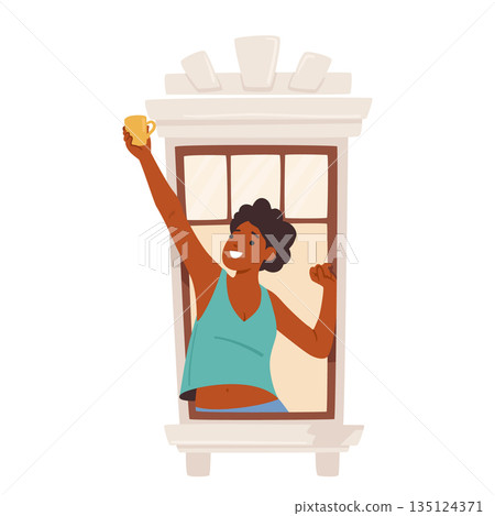 Woman Stands By The Window, Gazing Outside With A Cheerful Expression, Clutching Her Warm Coffee Cup Vector Illustration 135124371