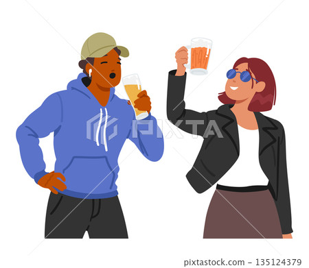 Young Male And Female Characters Enjoy Beer Clinking Glasses. People Drinking Popular Beverage Worldwide Young Male And Female Characters Enjoy Beer Clinking Glasses. People Drinking Popular Beverage Worldwide 135124379