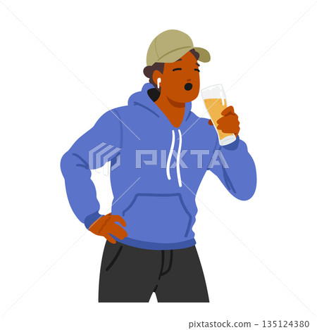 Youthful Male Character Indulges In Beer Consumption. Black Man Enjoying The Taste And Social Atmosphere Youthful Male Character Indulges In Beer Consumption. Black Man Enjoying The Taste And Social Atmosphere 135124380