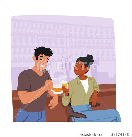 Young Man And Woman In A Bar Enjoying Beer, Raising Their Glasses In A Toast, Creating A Lively Atmosphere 135124388