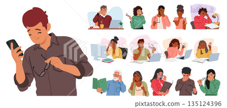 Set Of Male And Female Characters With Vision Problems Experience Blurred Vision, Difficulty Focusing, Vector 135124396