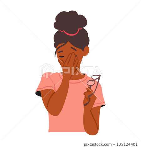 Young Girl With Glasses Rubs Her Tired Eyes, Showcasing The Universal Struggle Of Eye Strain And Fatigue Young Girl With Glasses Rubs Her Tired Eyes, Showcasing The Universal Struggle Of Eye Strain And Fatigue 135124401