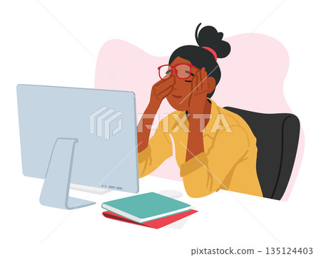Young Woman In Office Clothes And Glasses Sits At Table With Computer, Rubbing Her Tired Eyes, Vector Illustration 135124403