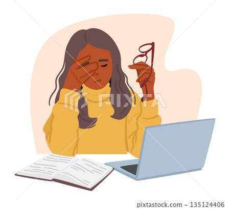 Young Woman Sits At A Desk Cluttered With A Computer, Paperwork, And Office Supplies. Female Character Rubs Tired Eyes Young Woman Sits At A Desk Cluttered With A Computer, Paperwork, And Office Supplies. Female Character Rubs Tired Eyes 135124406