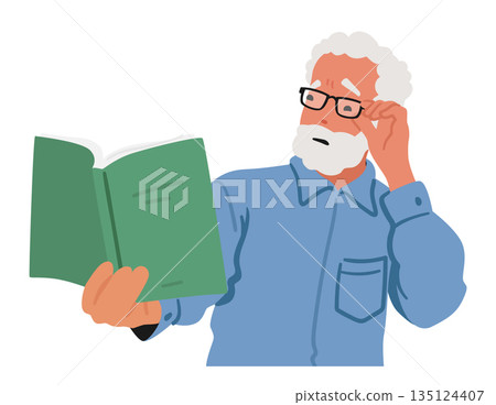 Elderly Man In Glasses Squints At A Blurry Book, Highlighting Struggle Of Age-related Vision Issues. Vision Problems Elderly Man In Glasses Squints At A Blurry Book, Highlighting Struggle Of Age-related Vision Issues. Vision Problems 135124407
