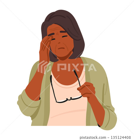 Elderly Woman Holding Glasses and Rubs Her Tired Eyes, Portraying Fatigue And The Need For Vision Support Elderly Woman Holding Glasses and Rubs Her Tired Eyes, Portraying Fatigue And The Need For Vision Support 135124408