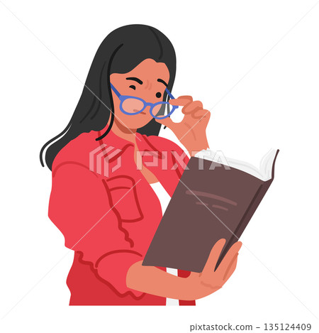 Frustrated Woman In Glasses Squints At Blurred Text, Symbolizing The Challenges Of Vision Problems. She Seeks Clarity 135124409