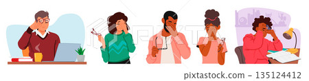Diverse Group Of Male And Female Characters With Tired Expressions Rubbing Their Eyes, Symbolizing Fatigue, Sleepiness 135124412