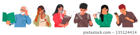 Set of Young and Old People with Tired or Sick Eyes. Male and Female Characters With Vision Problems Vector Illustration 135124414