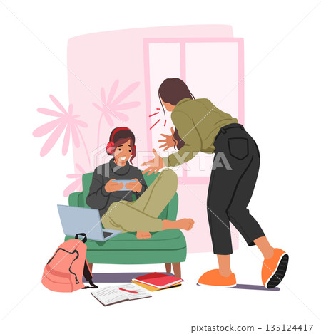 Teen Gadget Addiction Concept with Family Characters Mother Trying Attract Attention of Daughter Engrossed In Smartphone 135124417