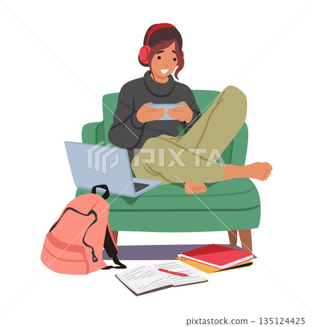 Teenager Girl Character With Gadget Addiction Chats Incessantly, Glued To Their Device, Losing Track Of Time Teenager Girl Character With Gadget Addiction Chats Incessantly, Glued To Their Device, Losing Track Of Time 135124425