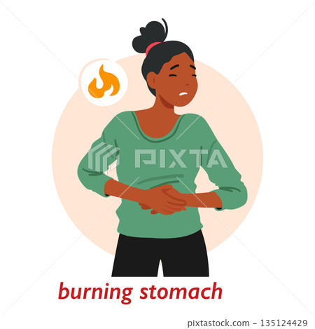 Woman Experiencing Stomach Discomfort, Symptom Of Gastritis, Female Character with Burning Sensation Vector Illustration Woman Experiencing Stomach Discomfort, Symptom Of Gastritis, Female Character with Burning Sensation Vector Illustration 135124429