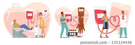 Set Characters Donate Blood To Help Others In Need. Process Involves Giving A Blood Sample Vector Illustration 135124436