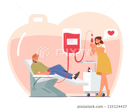 Male Character Donate Blood. Process Of Donating Involves Screening, Eligibility Check, Blood Draw. Helps Save Lives Male Character Donate Blood. Process Of Donating Involves Screening, Eligibility Check, Blood Draw. Helps Save Lives 135124437