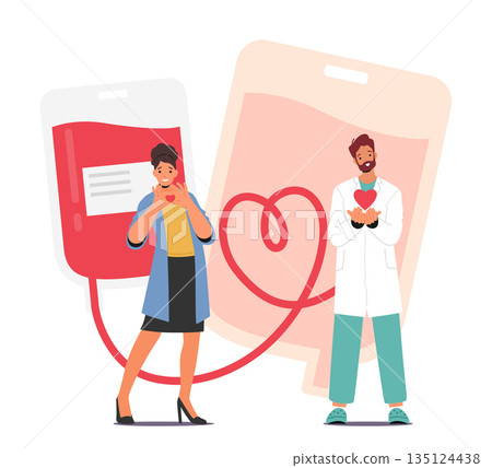 Doctor and Donor Characters Showing Heart Symbol. Donating Blood Helps Save Lives, Concept for World Donors Day 135124438