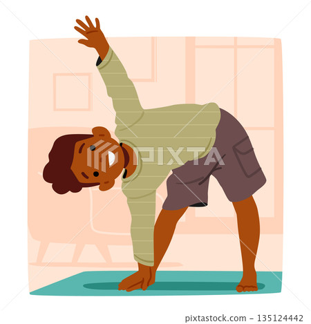 Energetic Little Boy Enthusiastically Engages In Morning Exercises, Child Character Stretching And Leaning Energetic Little Boy Enthusiastically Engages In Morning Exercises, Child Character Stretching And Leaning 135124442