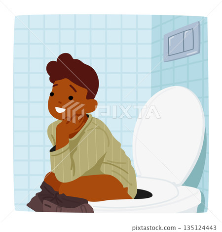 Boy Confidently Using The Toilet, Character Sitting On Pan Showcasing Independence And Proper Hygiene Practices Boy Confidently Using The Toilet, Character Sitting On Pan Showcasing Independence And Proper Hygiene Practices 135124443