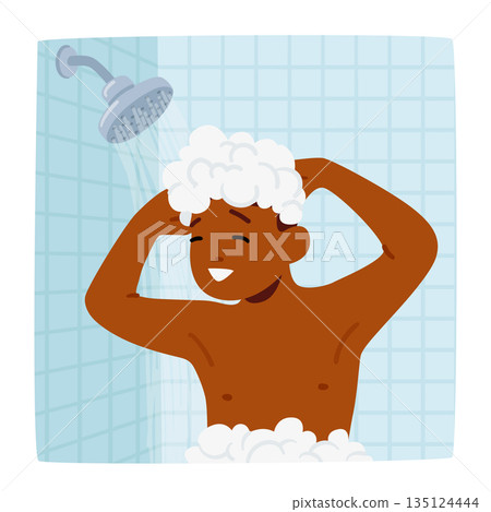 Boy Hygiene, Daily Routine Concept. Child Joyfully Lathering Body In Shower, Giggling As Soap Bubbles Form 135124444