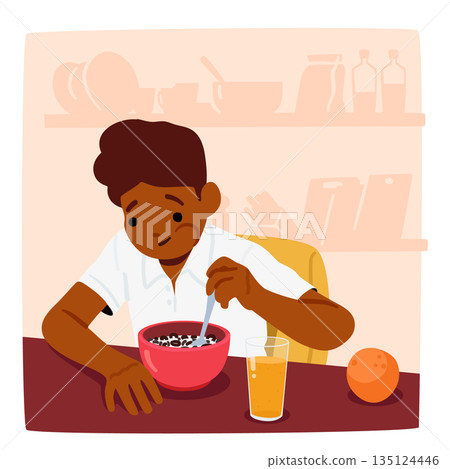 Boy Sits At Table, Munching Cereal, Sipping Juice. Morning Sunlight Streams In, Creating A Warm, Cozy Scene 135124446