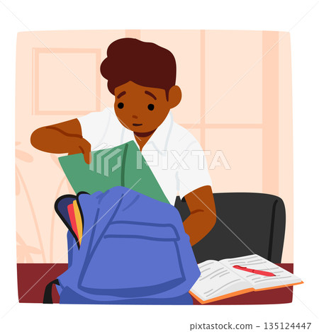 Schoolboy Character Places Things Into His Bag, Organizing Books, Notebooks, And Supplies For The Day Ahead 135124447