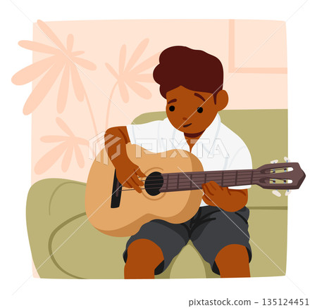 Youthful Guitarist Boy Strums With Joy, Fingers Dancing On Strings. Eyes Fixate On The Instrument, Lost In Melodies 135124451
