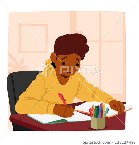 Focused Schoolboy Character Diligently Completing Homework At His Desk, Surrounded By Textbooks, Vector Illustration Focused Schoolboy Character Diligently Completing Homework At His Desk, Surrounded By Textbooks, Vector Illustration 135124452