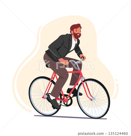 Businessman Character Wearing Formal Suit Riding Bicycle Taking Part In Corporate Competition Or Race 135124460