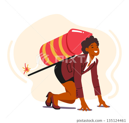 Happy Business Woman Ready For Career Boost With Petard On Back With Burning Fuse. Concept Of Goal Achievement 135124461