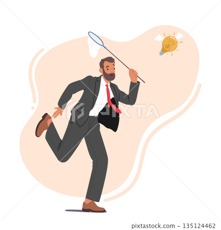 Businessman Character Chasing Flying Light Bulb Trying To Catch With Butterfly Net Isolated On White Background 135124462