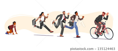 Business People Characters Running Fast Trying To Follow Successful Businessman Riding On Bicycle. Race For Leadership 135124463