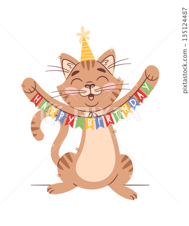Happy cat with birthday garland 135124487
