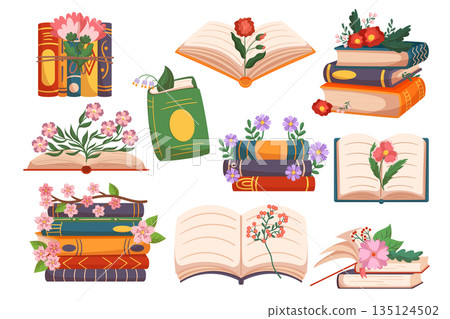Set Books With Flowers, Bestsellers, Romance Literature. Closed And Open Dictionaries With Colorful Blossoms Set Books With Flowers, Bestsellers, Romance Literature. Closed And Open Dictionaries With Colorful Blossoms 135124502