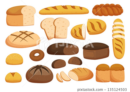 Set Of Different Bread And Wheat Bakery Products. Isolated Baguette, Loaf, Bun Or Donut Pastry Collection Set Of Different Bread And Wheat Bakery Products. Isolated Baguette, Loaf, Bun Or Donut Pastry Collection 135124503