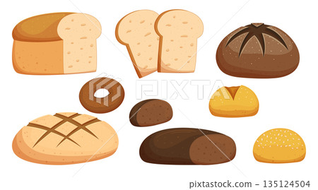 Set Of Bread And Different Bakery Production. Isolated Toast, Loaf, Bun With Sesame Or Rye Donut Pastry Collection 135124504