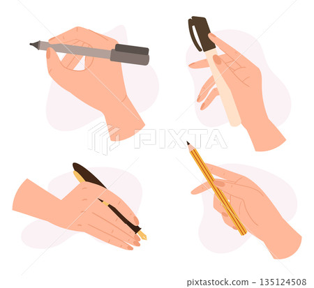 Set Of Hands Manipulating With Writing Such As Tools Pen, Pencil, Marker And Quill Pen In Different Ways 135124508