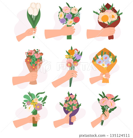 Set of Hands Holding Flower Bouquets Isolated On White Background. Gift Delivery For Holiday, Man Giving Blossoms Set of Hands Holding Flower Bouquets Isolated On White Background. Gift Delivery For Holiday, Man Giving Blossoms 135124511