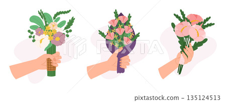 Set Of Hands Holding Flowers Isolated Icons On White Background. Beautiful Spring And Summer Blossoms In Human Hands 135124513