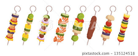 Assorted Kebab Selection Featuring Grilled Juicy Chicken, Tender Beef, Succulent Lamb, And Flavorful Vegetable Skewers Assorted Kebab Selection Featuring Grilled Juicy Chicken, Tender Beef, Succulent Lamb, And Flavorful Vegetable Skewers 135124518