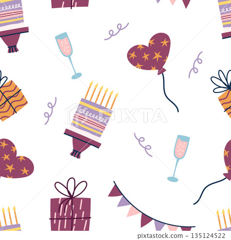 Seamless Pattern With Birthday Cakes With Burning Candles, Balloons, Gifts, Champagne, Garlands. Party Food And Decor Seamless Pattern With Birthday Cakes With Burning Candles, Balloons, Gifts, Champagne, Garlands. Party Food And Decor 135124522