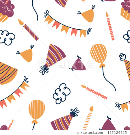 Vibrant Seamless Pattern with Birthday Celebration Items, Balloons, Hats, Garlands, Candles. Wrapping Paper, Textile 135124525