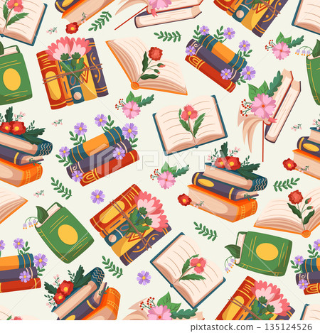 Seamless Pattern With Books And Flowers, Background With Romance Bestsellers Textbooks, Closed And Open Dictionaries 135124526