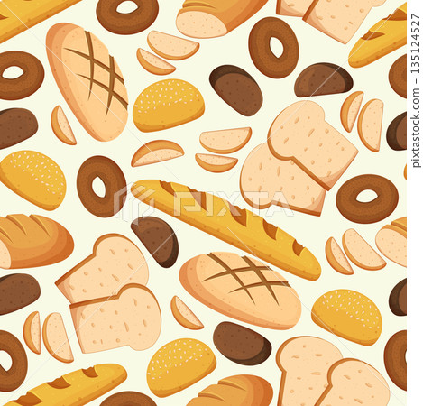 Seamless Pattern With Different Bread And Wheat Bakery Products. Baguette, Loaf, Toast Bun Or Donut Pastry Background 135124527